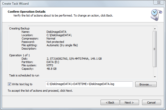 Disk Image software: Confirming Task Details Disk Image software: Confirming Task Details